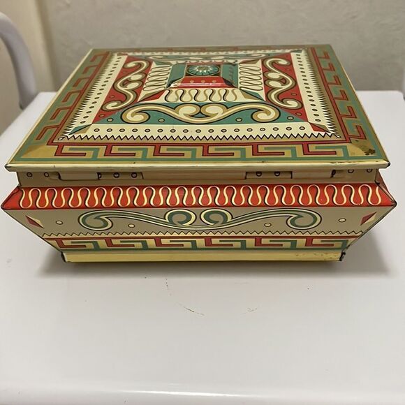 Vtg red, turquoise & gold tin container made In Germany - Picture 5 of 10